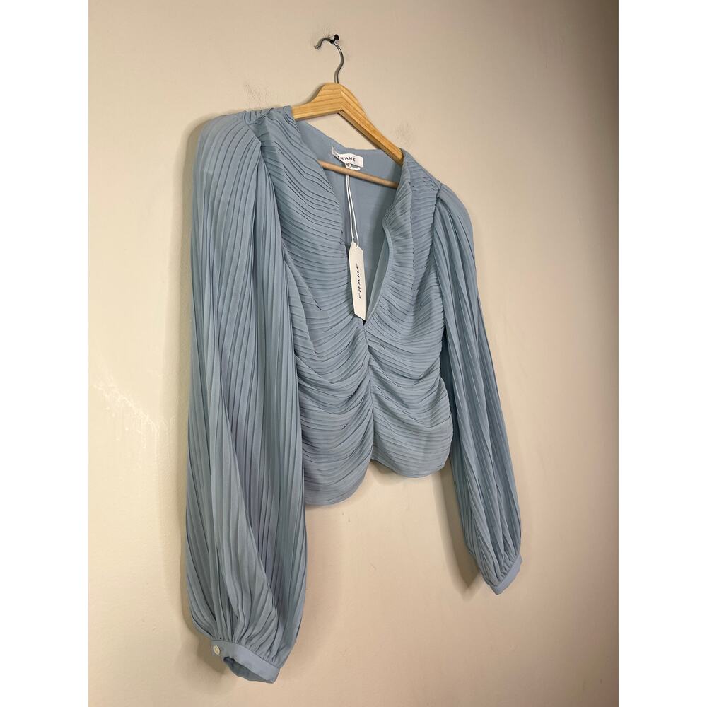 NWT Frame Pleated Billow Sleeve V-Neck Long Sleeve Blouse Top Chambray Blue - Picture 3 of 8
